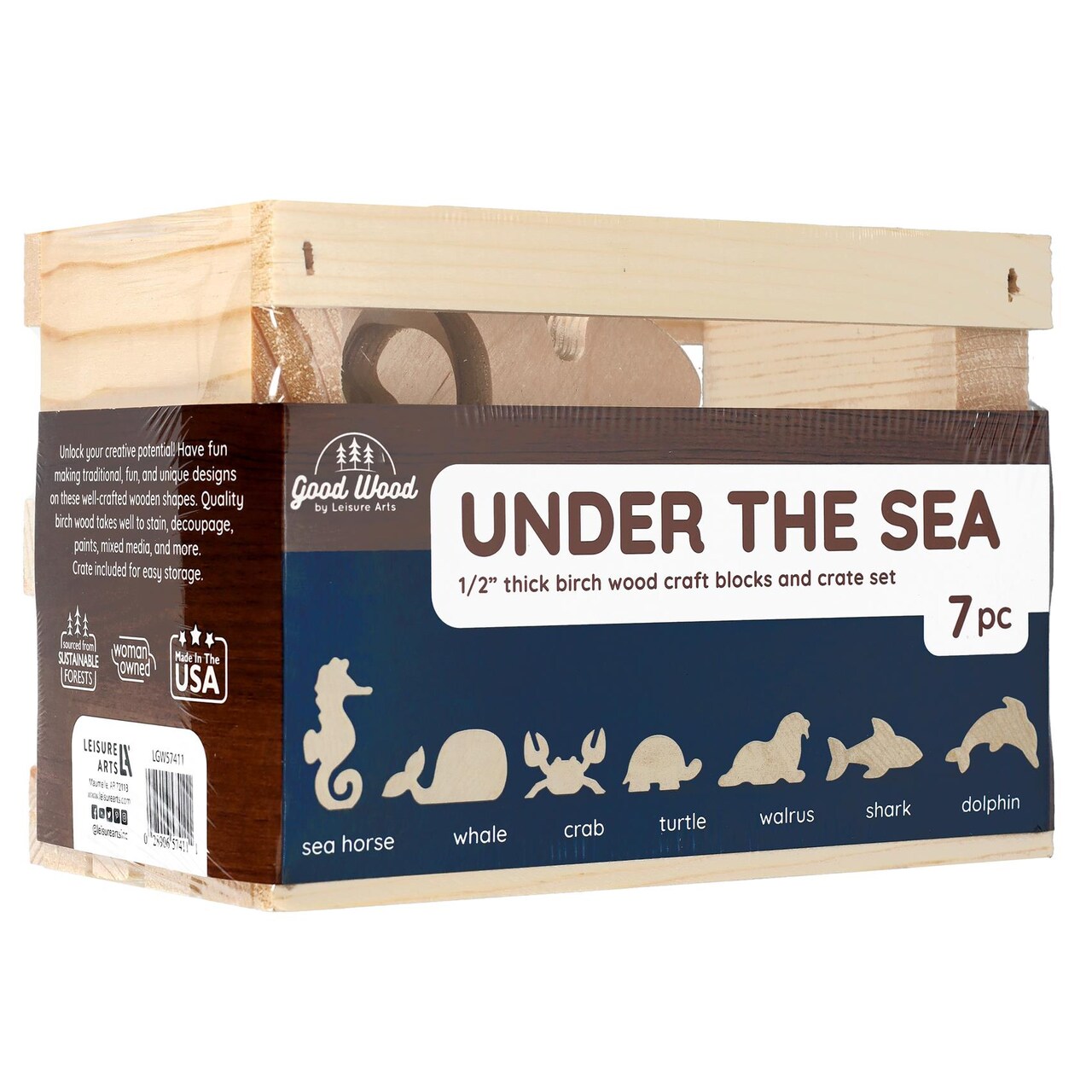 Good Wood by Leisure Arts: Under The Sea Crate Set - 7 Piece Animal Wood Cutouts - Small Wooden Shapes for Crafts - Wooden Craft Shapes - wooden animals to paint
